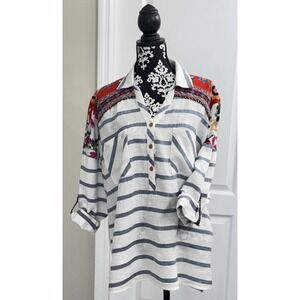 JOHN MARK Floral Embroidered Trim Tunic Top‎ Size Large Colorful Boho Stripe